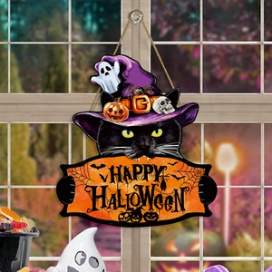 Plaque Suspendue en Bois d'Halloween Chat Noir Chapeau de Sorcière Plaque de Bienvenue Happy Halloween Décoration de Porte Maison Fête Murale