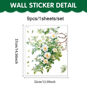Detail view of 37x32cm white rose PVC toilet lid stickers with size specifications