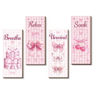 Set of four pink checkered wall art panels with Relax Soak and Breathe quotes