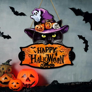 Plaque en bois chat noir d'Halloween avec chapeau de sorcière et bannière pour porte