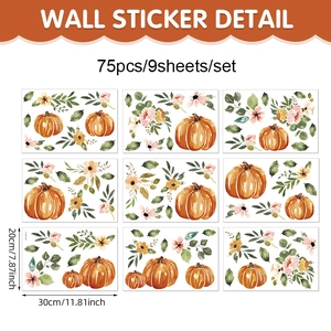 Detail view of 9 sheets of watercolor autumn pumpkin and maple leaf PVC window stickers