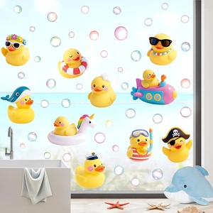 Cartoon rubber duck wall stickers with bubbles for kids' bathroom glass windows
