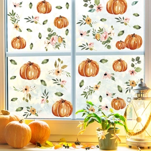 Watercolor pumpkin and floral window decals for Thanksgiving and autumn home decoration
