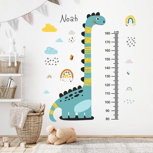Cartoon dinosaur height wall decal for kids room with custom Noah name stickers
