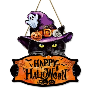 Plaque de porte Halloween en bois avec chat noir, chapeau de sorcière et banderole Happy