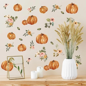 Watercolor pumpkin and floral wall stickers for cozy autumn harvest home decoration
