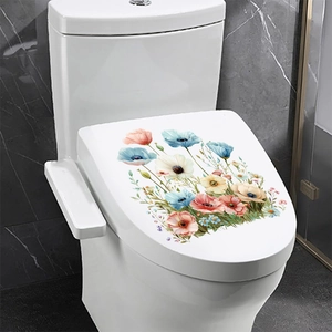 Watercolour poppy floral toilet lid stickers with modern minimalist botanical art design