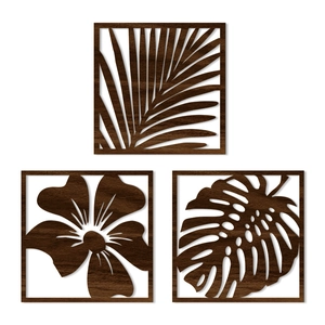 Modern minimalist wooden wall art set with laser-cut tropical leaf and floral designs