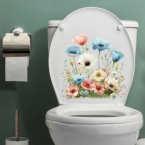 Modern floral PVC toilet lid decal with colorful hand-drawn flowers for bathroom decor