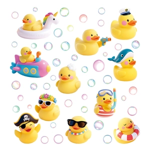 Set of 11 cute yellow rubber ducks bath toys with creative designs and bubbles decoration