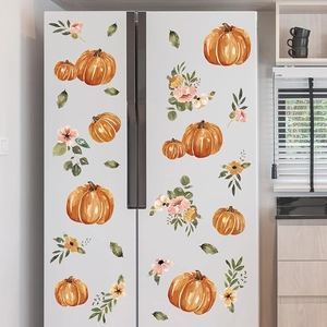 Autumn pumpkin and floral PVC wall stickers for Thanksgiving home decor on white fridge