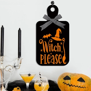 Halloween Witch PLEASE wooden cutting board sign with black bow and bat graphics