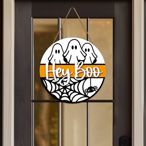Letrero de madera Halloween Hey Boo con fantasmas y arañas para decoración de puertas de fiesta