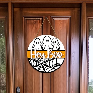Cartel de madera Halloween Hey Boo para puerta con fantasmas y telarañas decorativas