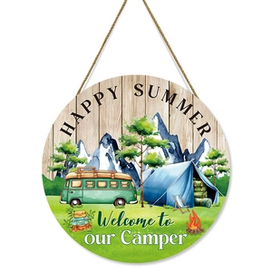 Round wooden hanging sign featuring a happy summer camper theme and rustic rope hanger
