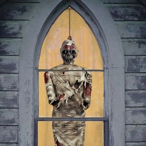 Hanging mummy ghost Halloween decoration with realistic bloody bandages and rope loop