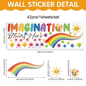 Detail showing 42pcs PVC wall sticker set with rainbow and imagination text size chart
