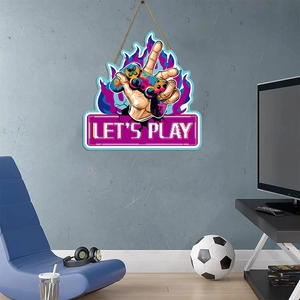 Décoration murale de jeu en bois avec contrôleur et texte LET'S PLAY pour chambre