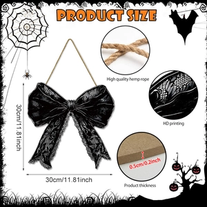Gothic Halloween welcome sign with black bow and lace print on wood, 30cm wall decor