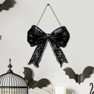 Halloween Gothic Black Bow Welcome Sign Wooden Door Hanging Decoration With Lace Print For Festive Party Home Wall Decor