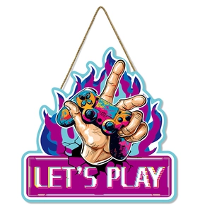 Plaque murale en bois avec manette de jeu et texte Let's Play pour salle de gaming
