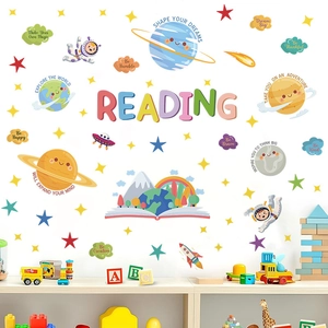 Space-themed reading wall stickers with astronauts and inspirational quotes for kids