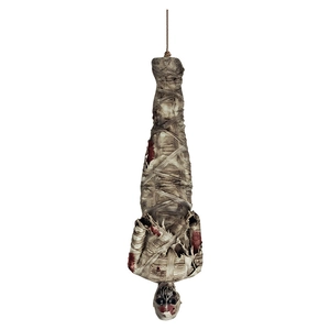 Hanging mummy Halloween prop with bloodstained bandages and realistic skull detail
