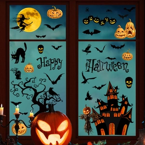 Halloween Autocollants Statiques Fenêtre PVC Chauve-souris Sorcière Citrouille Chat Château Happy Halloween DIY Décoration
