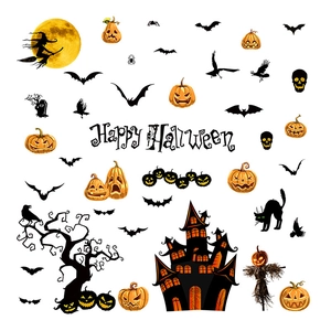 Stickers de fenêtre Halloween en PVC avec citrouille, sorcière et chauves-souris de fête