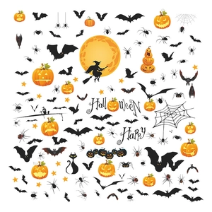 Lot de 9 stickers Halloween pour vitres avec citrouilles, chauves-souris et sorcières