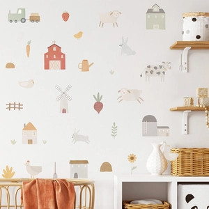 Cartoon Farm Animals Wall Stickers For Kids Room Nursery Decor PVC Barn Windmill Morandi Color Home Waterproof DIY Decals