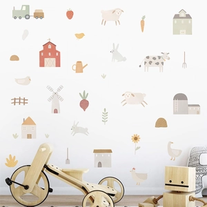 Bohemian farm theme wall stickers for kids room with cartoon animals and tractor