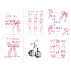 Set of 6 pink bow canvas prints with motivational Bible verses for girl's bedroom wall art
