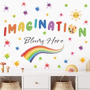 Detail of PVC wall sticker with IMAGINATION text and rainbow decals in kids room