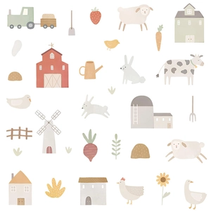Bohemian farm animal wall stickers featuring cartoons of cows, sheep, and barn elements