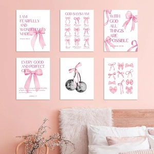 Aesthetic Pink Bow Wall Art Canvas Prints Christian Bible Verses Disco Ball Motivational Poster Girls Bedroom Home Decor Unframed