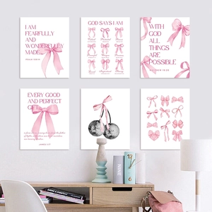 Pink coquette bow canvas art set with 6 Christian bible verse posters for girl bedroom
