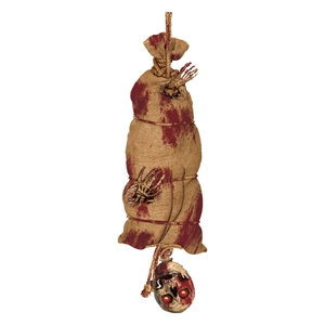 Halloween bloody burlap hanging ghost with glowing skull head and skeleton hands decoration