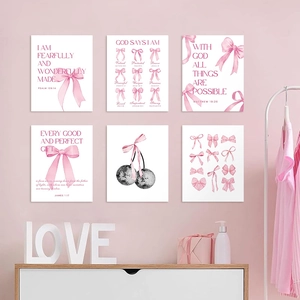 Pink bow canvas wall art set with inspirational quotes for girls' bedroom decor