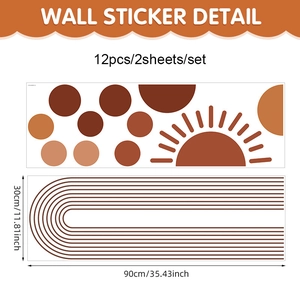 Detailed dimension layout for Boho sun and arch wall stickers set of 12 pieces