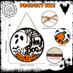 Panneau de porte Halloween en bois avec fantômes, citrouilles et texte Hey Boo