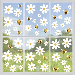 White daisy and cartoon bee window static stickers for summer glass decoration