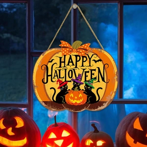 Targa Appesa di Zucca di Halloween in Legno Rustico Decorazione Porta con Gatti Neri per Parete Festa