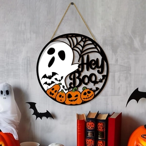 Suspension Murale en Bois Halloween Panneau Fantôme Citrouille Chauve-souris Toile d'Araignée Rond Ajouré Porte Hey Boo Fête Décor