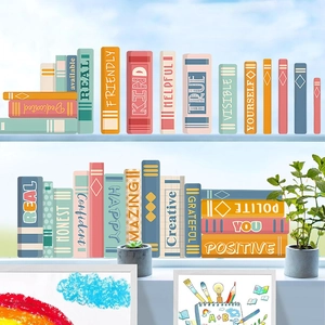 Colorful book spine wall stickers with motivational words for classroom glass windows