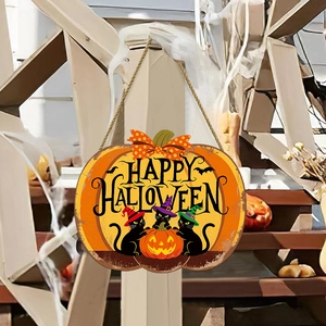 Targa in legno di zucca per Halloween con gatti neri e testo Happy Halloween decorativa