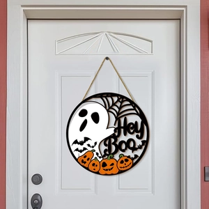 Panneau de porte Halloween en bois avec texte Hey Boo, fantômes blancs et citrouilles