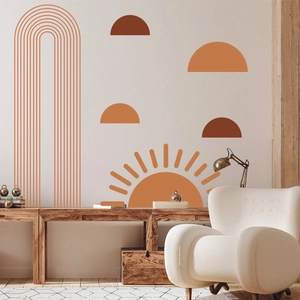 Bohemian geometric wall decals featuring minimalist sun lines and arch shapes in warm tones