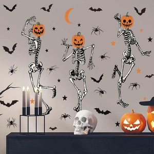 Halloween wall decals featuring dancing pumpkin-headed skeletons, bats and stars decoration
