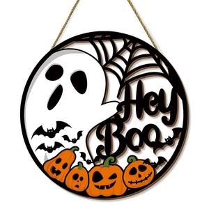 Panneau rond en bois Halloween avec texte Hey Boo fantômes et citrouilles pour la porte